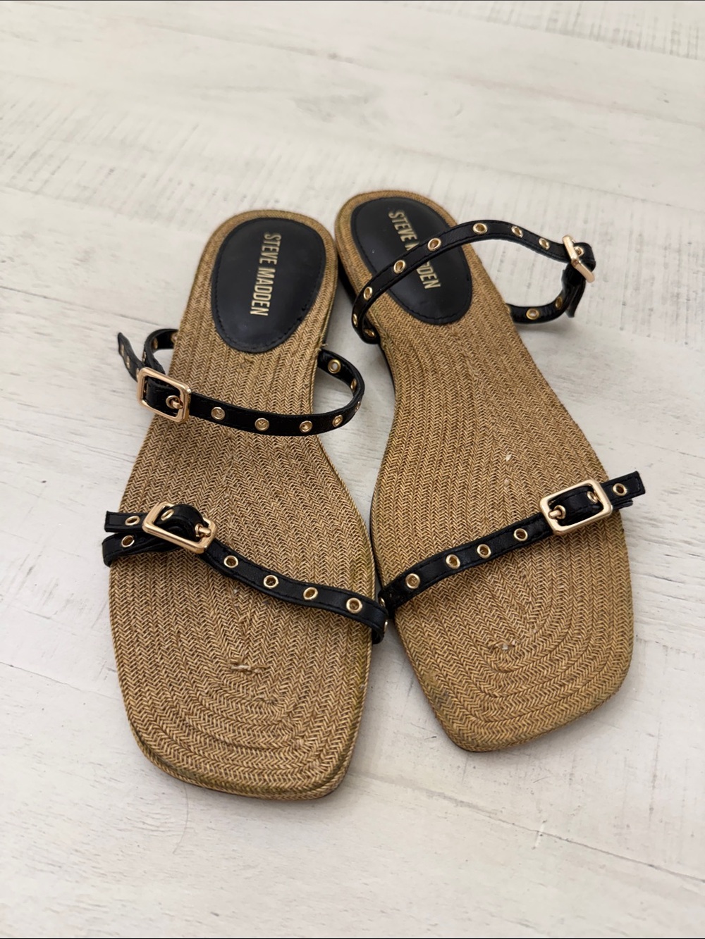 Steve Madden Black Strap Sandals with Tan Woven Footbed